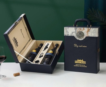 Hộp đựng rượu Vang bản đồ bằng Da loại 2 chai xanh Navy