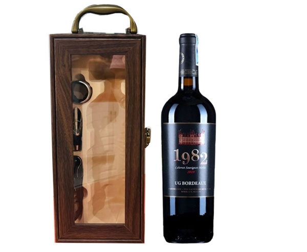 Set quà tặng Hộp Gỗ Đơn mặt kính 1 Chai Vang Pháp 1982