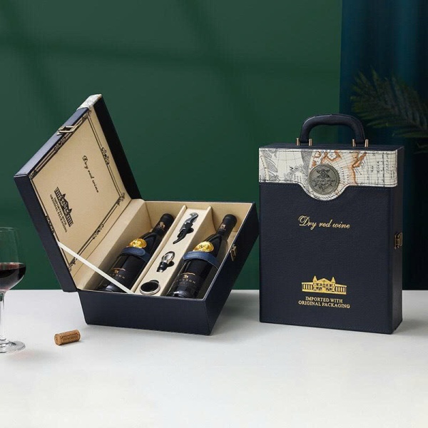 Hộp đựng rượu Vang bản đồ bằng Da loại 2 chai xanh Navy