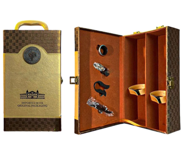 Hộp đựng Rượu Vang bằng Da loại 2 chai ( màu nâu + vàng)