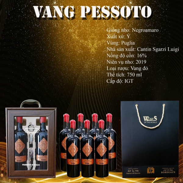 Hộp kính 2 chai rượu vang Ý Pessotto 16% + phụ kiện + túi