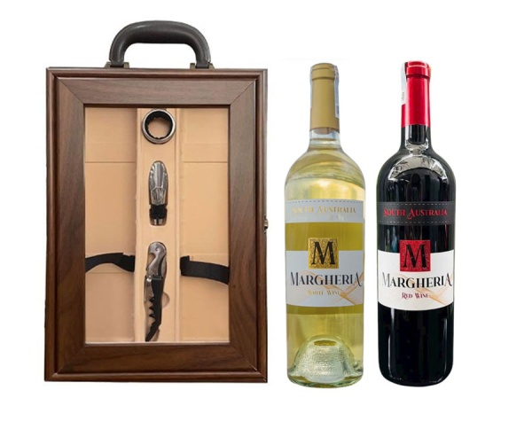 Set Quà Tặng Hộp Gỗ Mặt Kính 2 chai Vang Úc Margheria