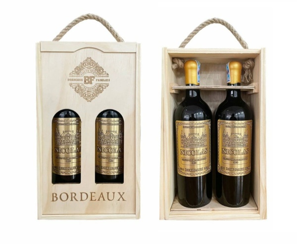 Hộp gỗ 2 chai rượu vang Pháp Nicolas Bordeaux